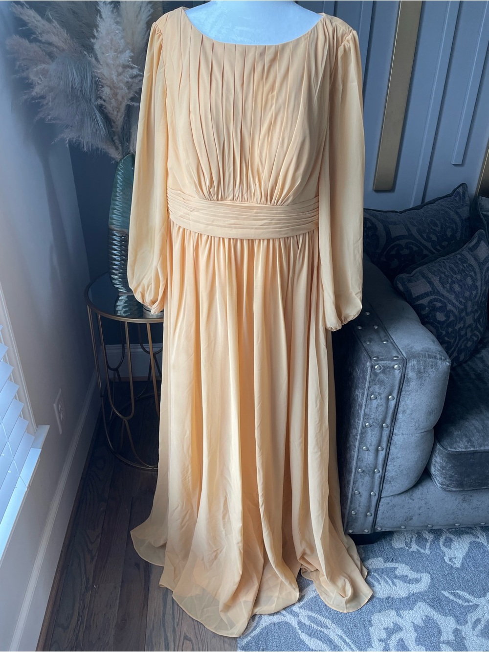 JJs House Peach Chiffon Pleated Maxi Gown